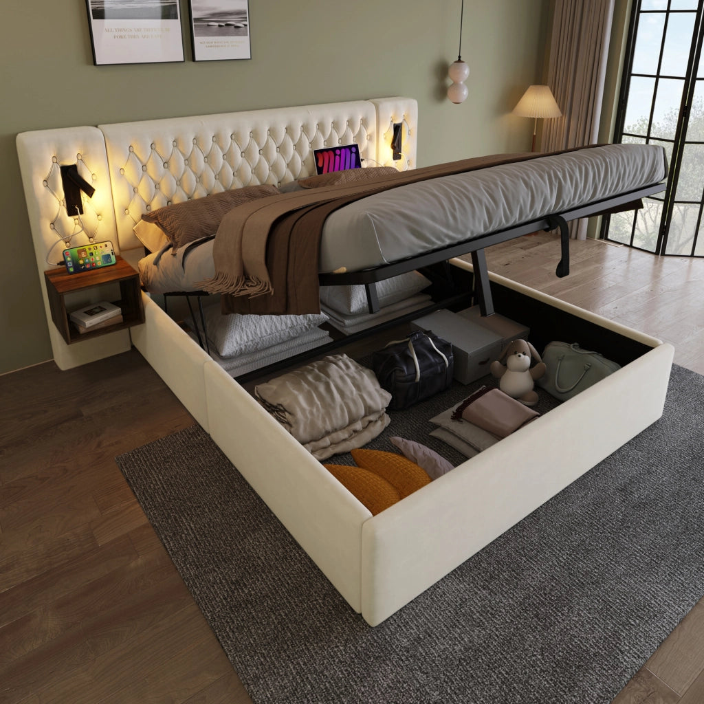 Letto contenitore ULEVR 180x200 cm con 2 comodini, luci LED, USB e Type-C, velluto beige