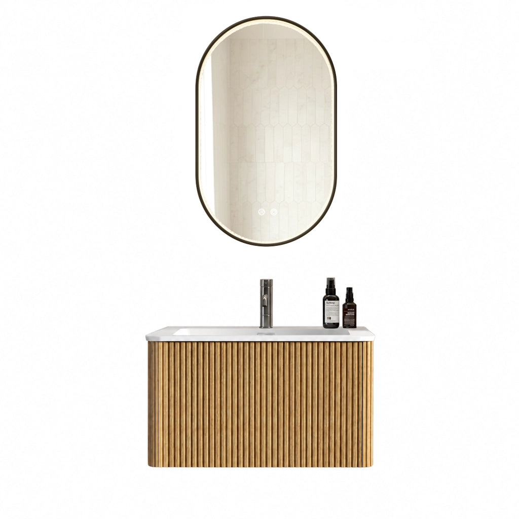 Mobile bagno sospeso con lavabo integrato e specchio LED antiappannamento per bagno in MDF effetto rovere moderno