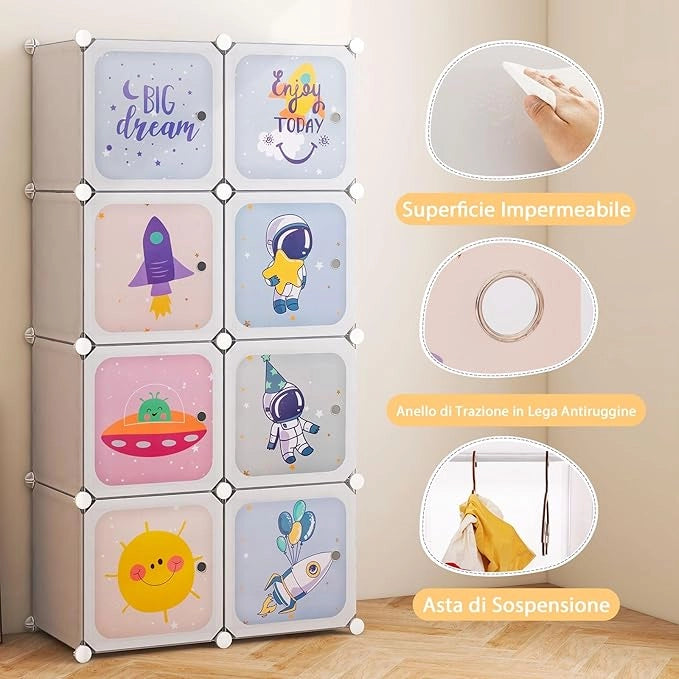 Armadio Portatile per Bambini, Organizzatore Modulari per Bambini a 8 cubi con Ante e Sezione Appendiabiti, Guardaroba Portatile per Sala Giochi Camera da Letto Asilo, 71x35,5x142 cm (Bianco)