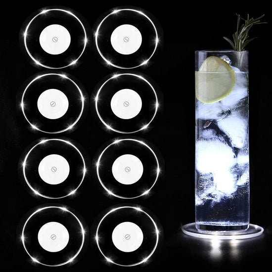 Set di 8 basi di illuminazione LED fredde bianche per bevande, basi di illuminazione ronde acqua-resistenti per bicchieri di plastica per feste, matrimoni, bar, Natale