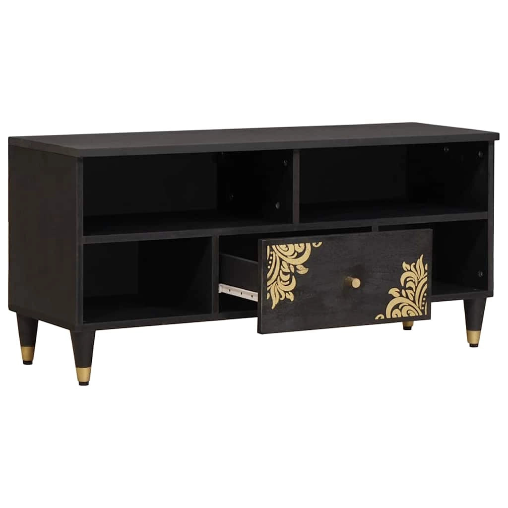 Mobile porta TV rettangolare moderno con cassetto e pratico contenitore per soggiorno 100 x 33 x 46 cm in legno di mango nero 02_0057893