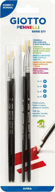 PENNELLI GIOTTO SERIE 577 N. 0,2,4,6 4 PZ PENNELLO PER ACRILICO E OLIO IN SETOLA IDEALI PER LA SCUOLA E PER DIPINGERE