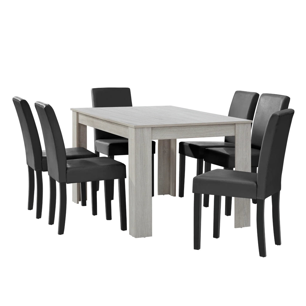 Tavolo da pranzo in rovere bianco con 6 sedie rivestite in similpelle grigio scuro 140x90 cm 03_0004035