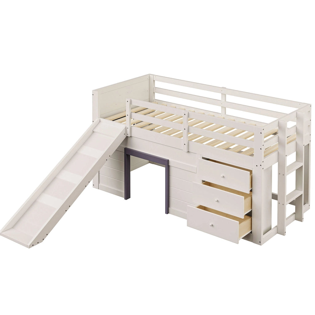 OKWISH Letto a soppalco basso 90×200 cm, Letto Singolo con Scivolo, 3 Cassetti e 2 Ante, senza Materasso, in Legno, Crema