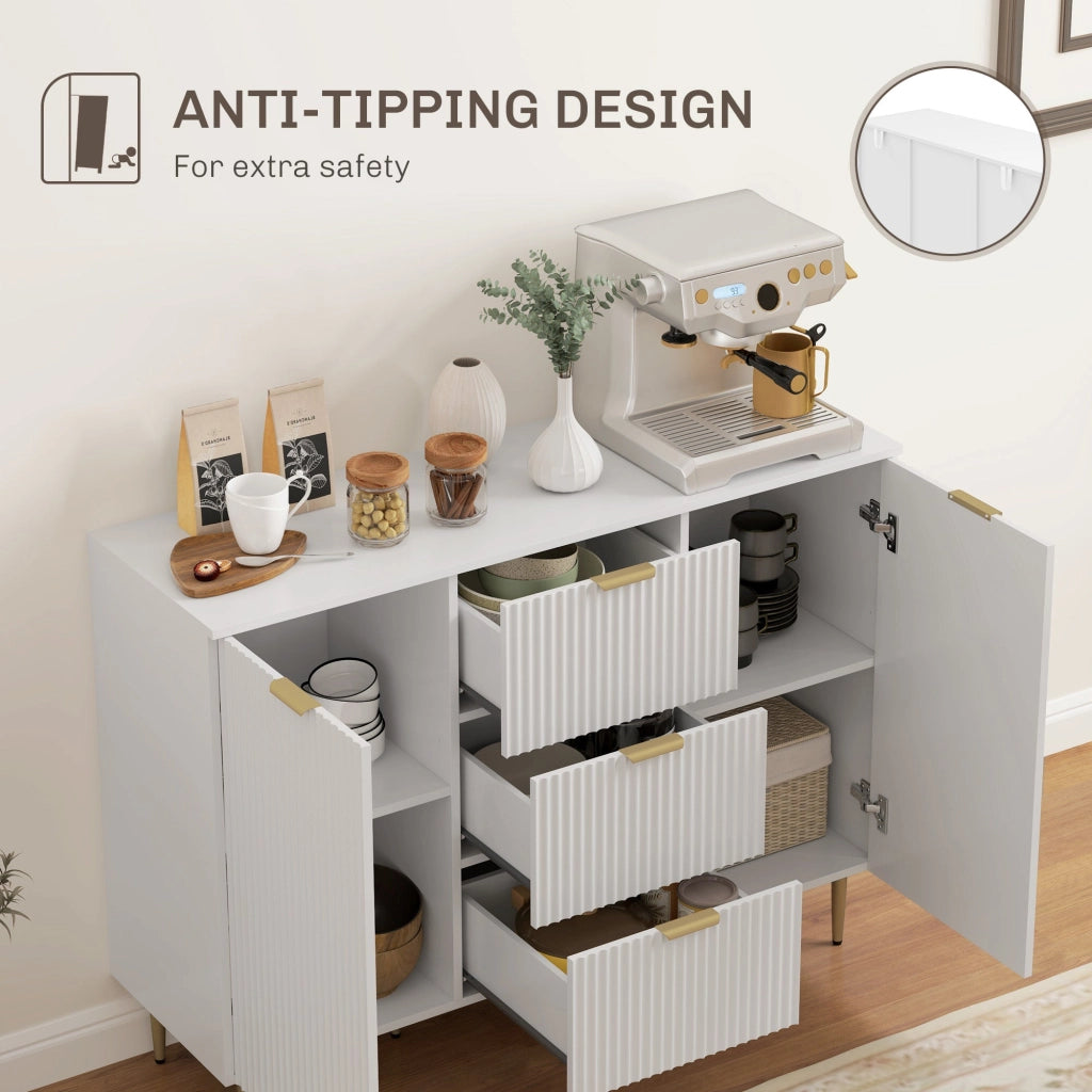 Credenza Moderna 120x40x89,5 cm con 3 Cassetti e 2 Armadietti in Legno e Metallo Bianco