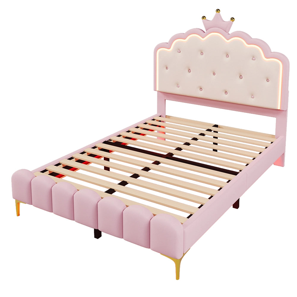 Letto imbottito 140x200 cm - Xylo - Luce ambientale telecomando forma principessa PU rosa