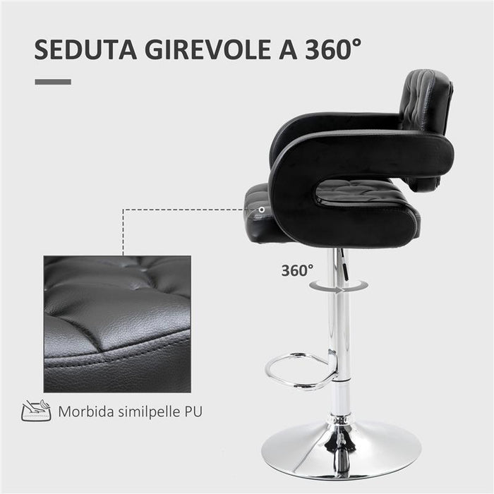 SGABELLO DA BAR ALTO CON SCHIENALE E BRACCIOLI GIREVOLE CON ALTEZZA REGOLABILE E POGGIAPIEDI FINTA PELLE NERA