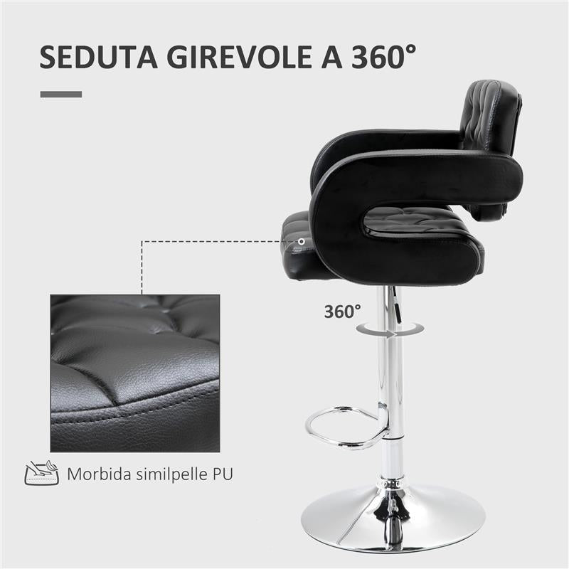 SGABELLO DA BAR ALTO CON SCHIENALE E BRACCIOLI GIREVOLE CON ALTEZZA REGOLABILE E POGGIAPIEDI FINTA PELLE NERA