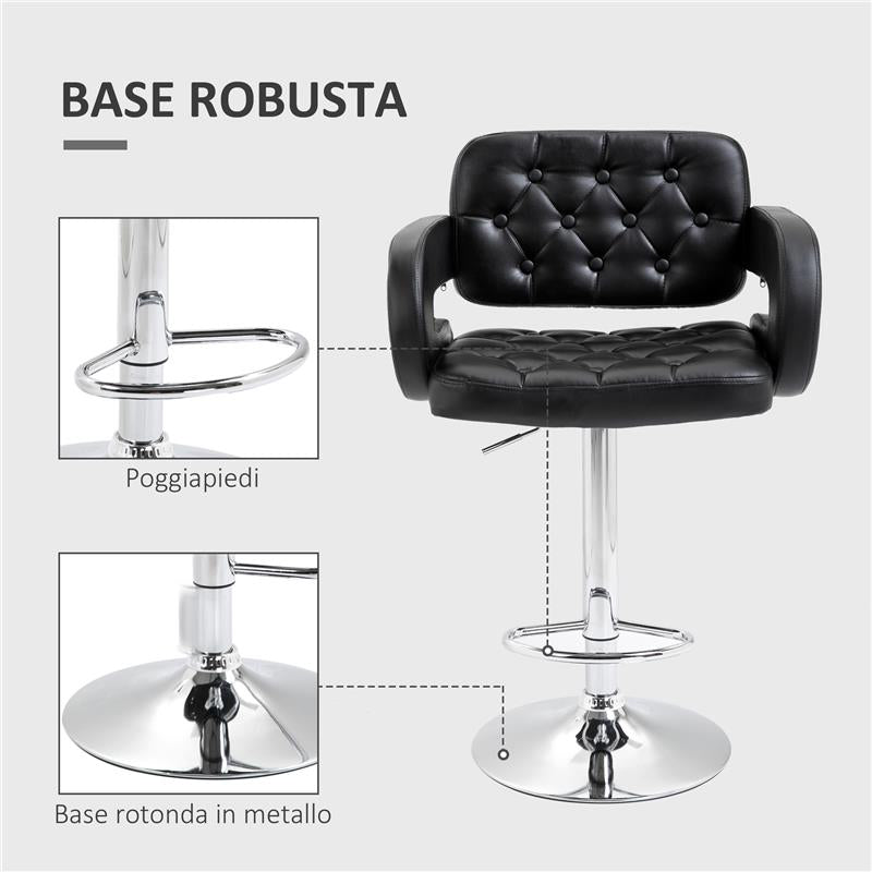 SGABELLO DA BAR ALTO CON SCHIENALE E BRACCIOLI GIREVOLE CON ALTEZZA REGOLABILE E POGGIAPIEDI FINTA PELLE NERA