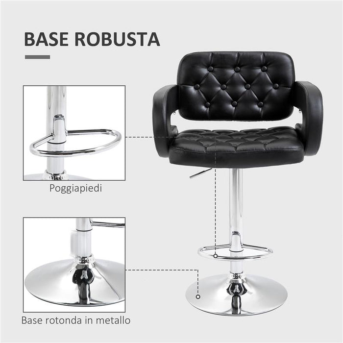 SGABELLO DA BAR ALTO CON SCHIENALE E BRACCIOLI GIREVOLE CON ALTEZZA REGOLABILE E POGGIAPIEDI FINTA PELLE NERA