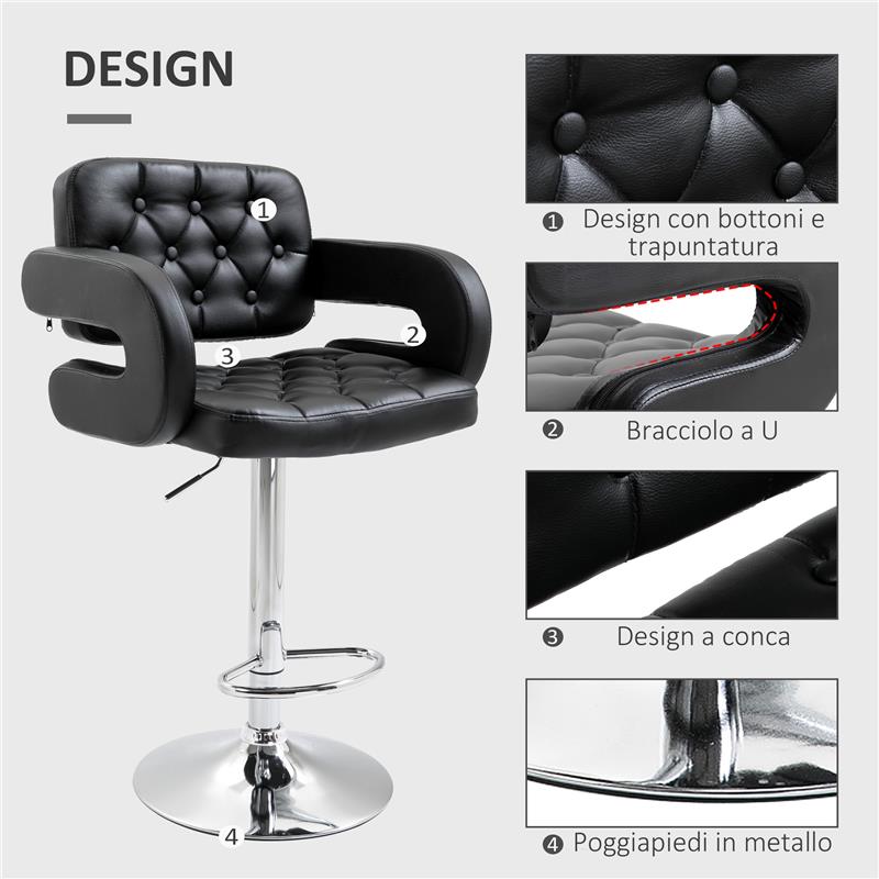 SGABELLO DA BAR ALTO CON SCHIENALE E BRACCIOLI GIREVOLE CON ALTEZZA REGOLABILE E POGGIAPIEDI FINTA PELLE NERA