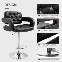 SGABELLO DA BAR ALTO CON SCHIENALE E BRACCIOLI GIREVOLE CON ALTEZZA REGOLABILE E POGGIAPIEDI FINTA PELLE NERA