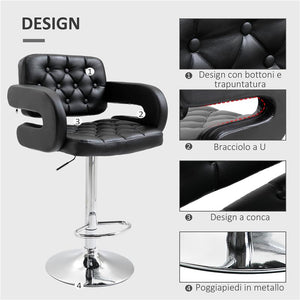 SGABELLO DA BAR ALTO CON SCHIENALE E BRACCIOLI GIREVOLE CON ALTEZZA REGOLABILE E POGGIAPIEDI FINTA PELLE NERA