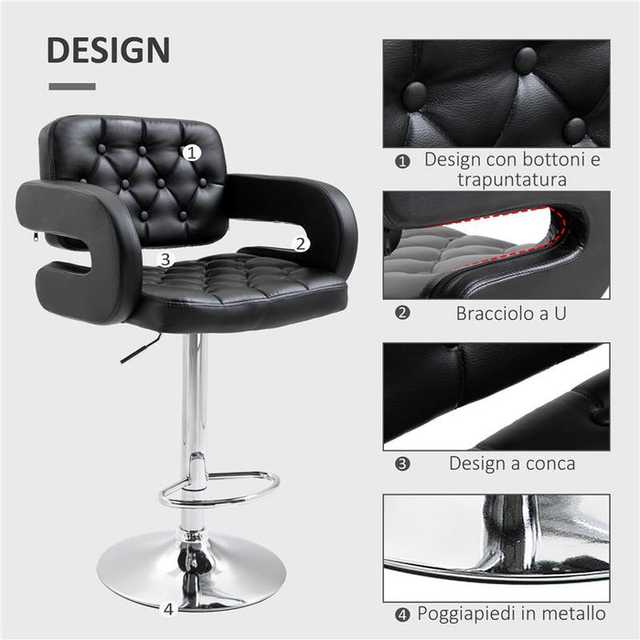 SGABELLO DA BAR ALTO CON SCHIENALE E BRACCIOLI GIREVOLE CON ALTEZZA REGOLABILE E POGGIAPIEDI FINTA PELLE NERA
