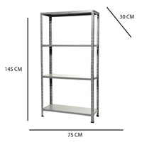 SCAFFALE 4 RIPIANI IN METALLO ZINCATO MONTAGGIO A BULLONI MISURE 75X30X150 MM PORTATA RIPIANO 40KG