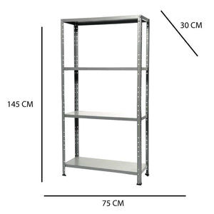 SCAFFALE 4 RIPIANI IN METALLO ZINCATO MONTAGGIO A BULLONI MISURE 75X30X150 MM PORTATA RIPIANO 40KG