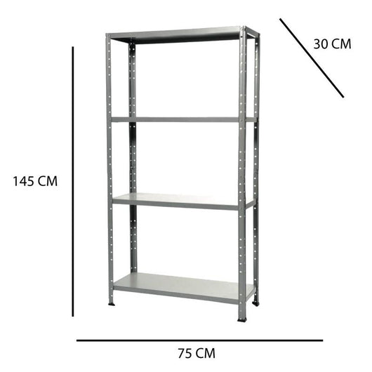 SCAFFALE 4 RIPIANI IN METALLO ZINCATO MONTAGGIO A BULLONI MISURE 75X30X150 MM PORTATA RIPIANO 40KG