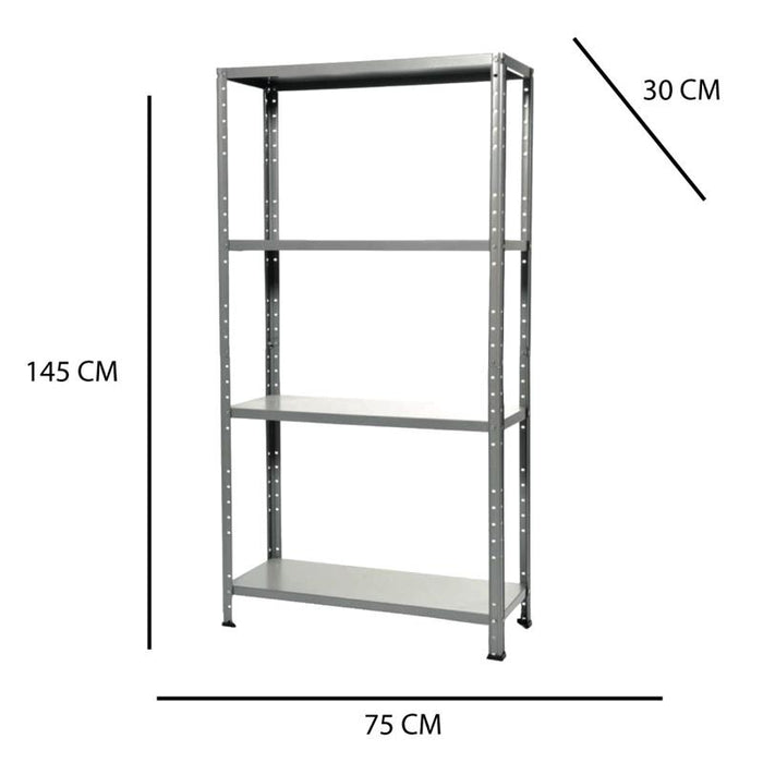 SCAFFALE 4 RIPIANI IN METALLO ZINCATO MONTAGGIO A BULLONI MISURE 75X30X150 MM PORTATA RIPIANO 40KG