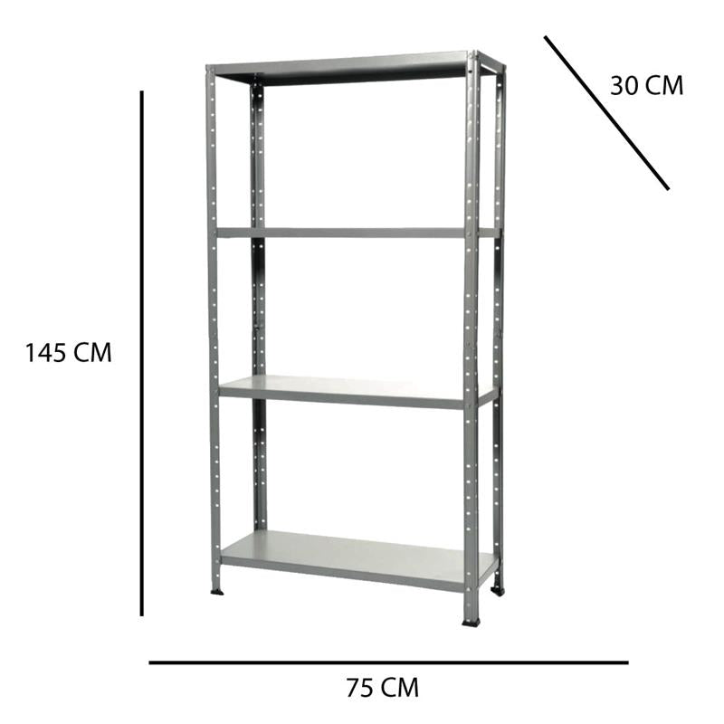 SCAFFALE 4 RIPIANI IN METALLO ZINCATO MONTAGGIO A BULLONI MISURE 75X30X150 MM PORTATA RIPIANO 40KG