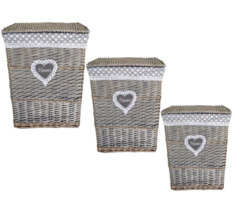 MA MAISON SET DI 3 CESTI PORTBIANCHERIA IN VIMINI CON DECORO A CUORI E SCRITTA HOME MODELLO SHABBY