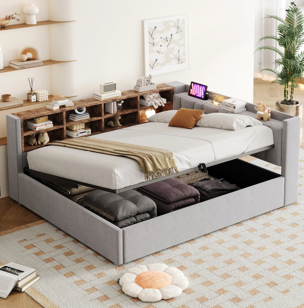Letto imbottito multifunzione 140x200 cm in velluto grigio chiaro con contenitore; luce notturna; USB e Type-C