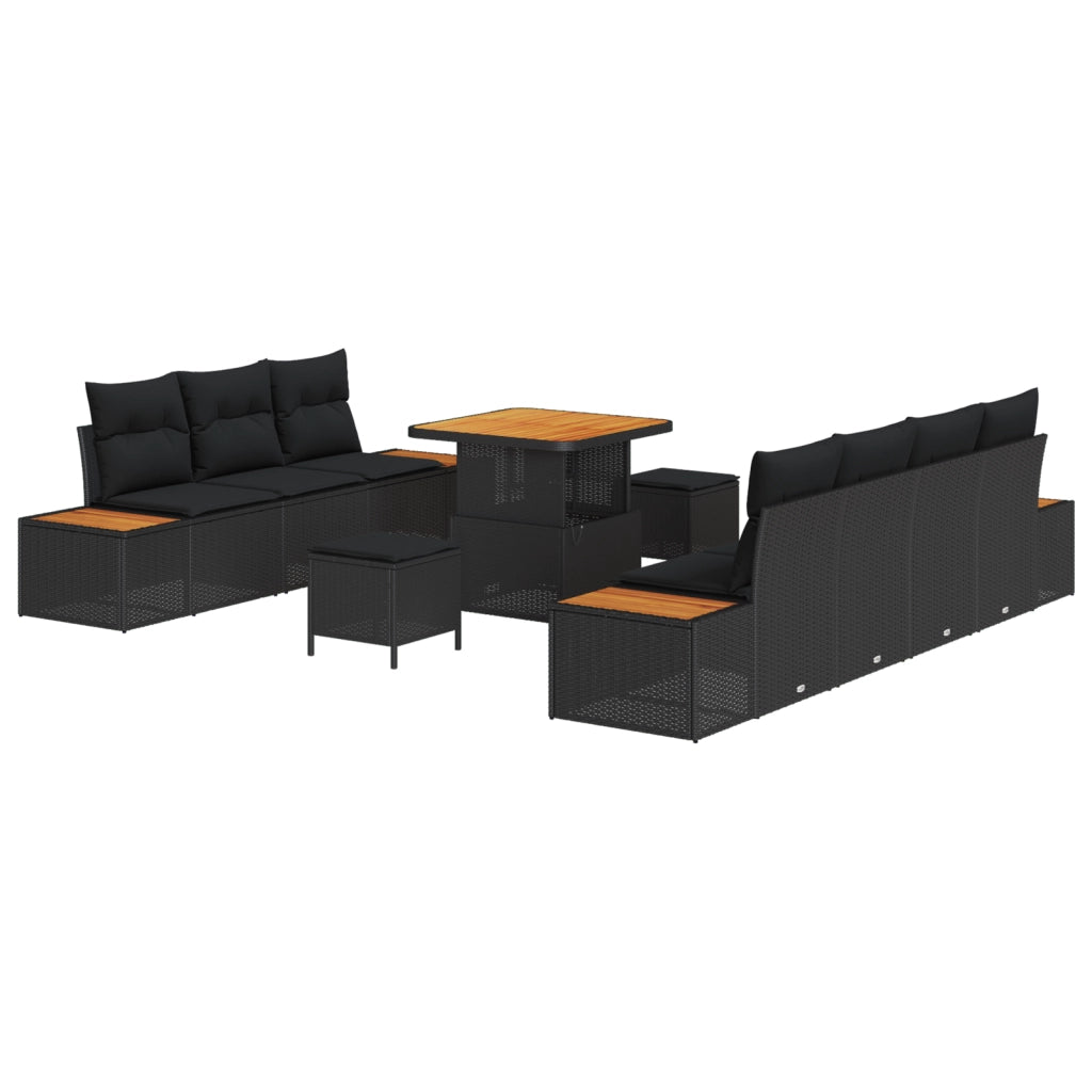 Set Divano da Giardino 10 Pezzi con Cuscini Nero Polyrattan Acacia