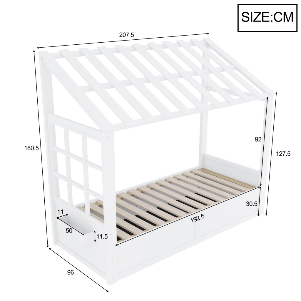 LETTO PER BAMBINI A CASETTA 90x200 cm Bianco in legno con vano contenitore