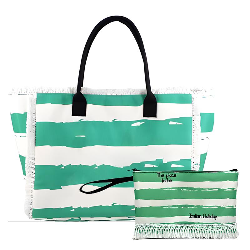 BORSA MARE CON MANICO E FRANGE FANTASIA A RIGHE BIANCHE E VERDI 30X12X22 CM + POUCHETTE  28X18 CM DA POLSO