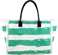 BORSA MARE CON MANICO E FRANGE FANTASIA A RIGHE BIANCHE E VERDI 30X12X22 CM + POUCHETTE  28X18 CM DA POLSO