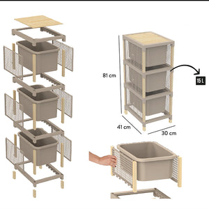 Cassettiera Multiuso 3 Cassetti da 15 L Organizer in Legno e Plastica 82x30x41cm