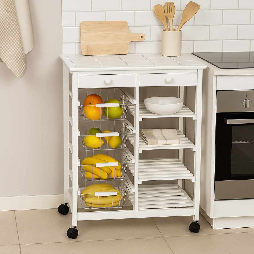 Carrello in Legno Bianco Multiuso con 4 Ruote Piroettanti Carrellino Salvaspazio