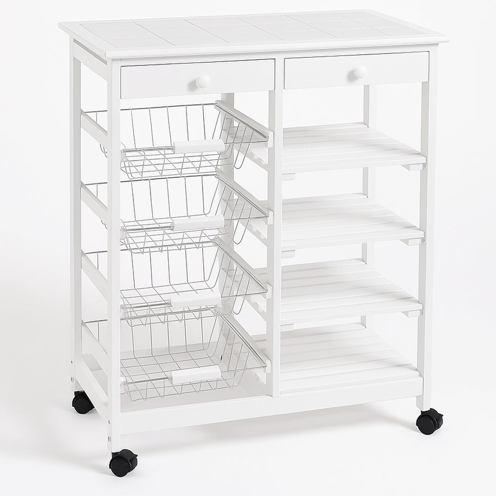 Carrello in Legno Bianco Multiuso con 4 Ruote Piroettanti Carrellino Salvaspazio