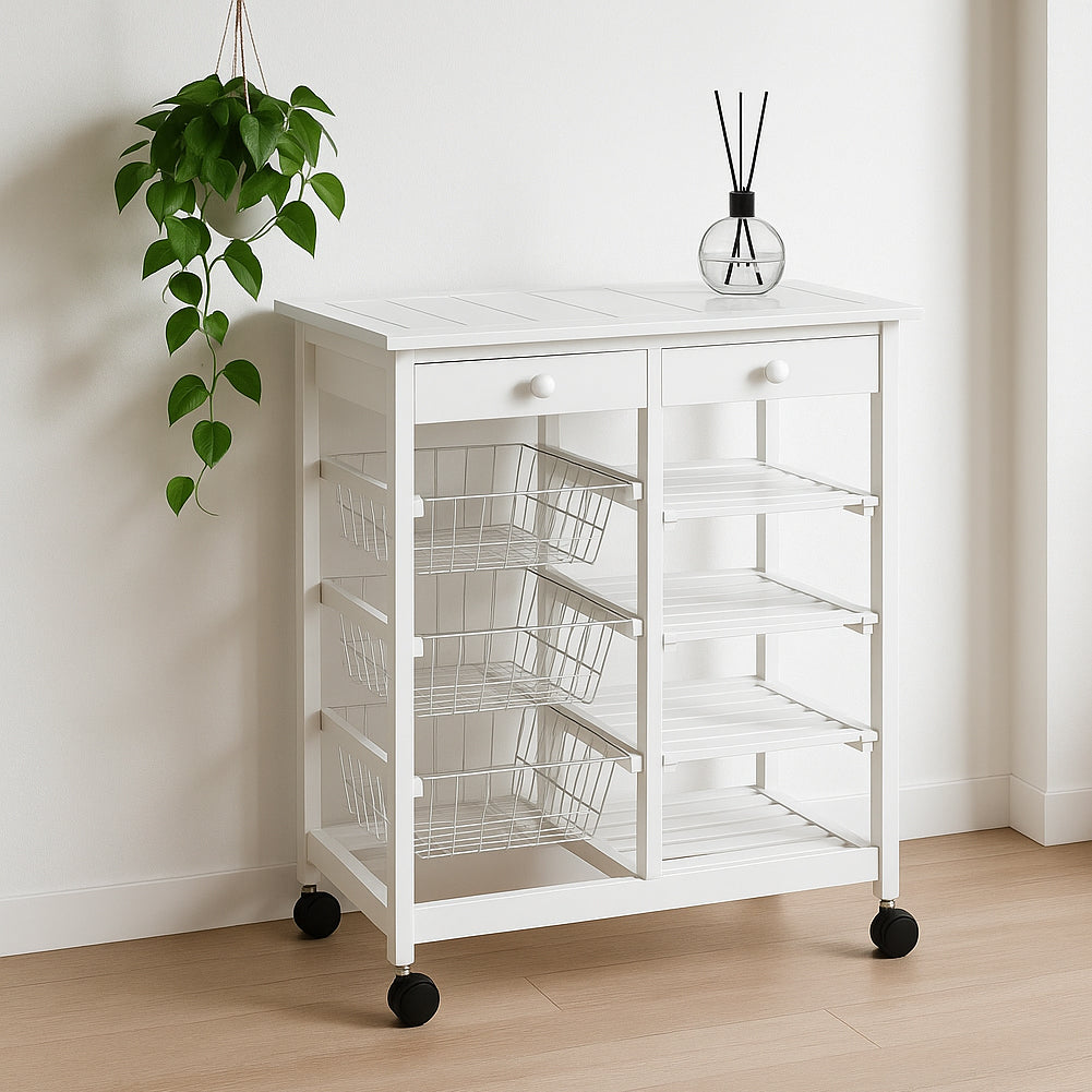 Carrello in Legno Bianco Multiuso con 4 Ruote Piroettanti Carrellino Salvaspazio