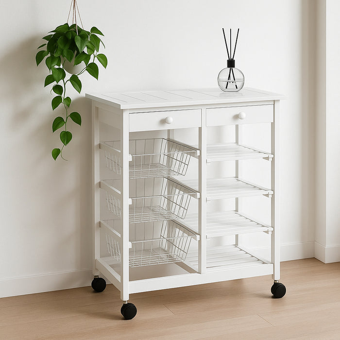 Carrello in Legno Bianco Multiuso con 4 Ruote Piroettanti Carrellino Salvaspazio