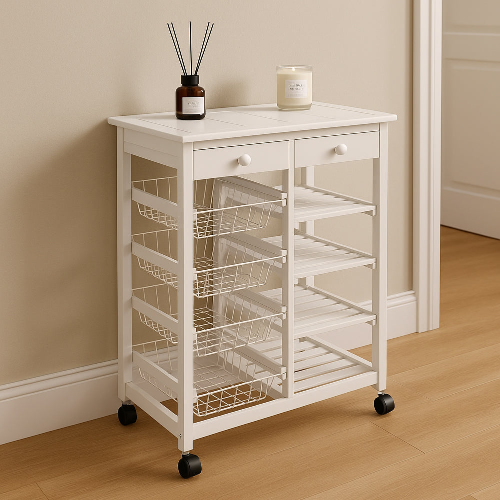 Carrello in Legno Bianco Multiuso con 4 Ruote Piroettanti Carrellino Salvaspazio