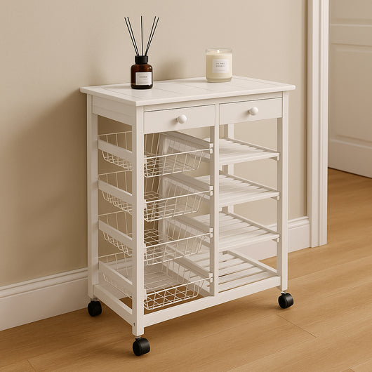 Carrello in Legno Bianco Multiuso con 4 Ruote Piroettanti Carrellino Salvaspazio