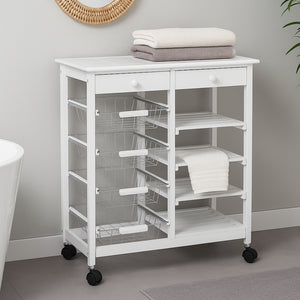 Carrello in Legno Bianco Multiuso con 4 Ruote Piroettanti Carrellino Salvaspazio