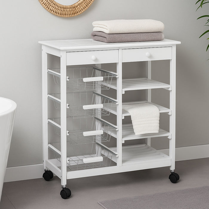 Carrello in Legno Bianco Multiuso con 4 Ruote Piroettanti Carrellino Salvaspazio