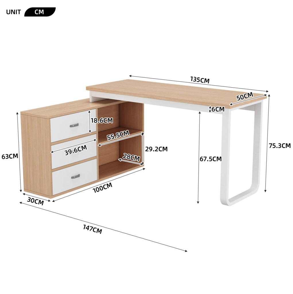 Scrivania 147x100x75.3 cm con tre cassetti e due vani a giorno in MDF e metallo naturale