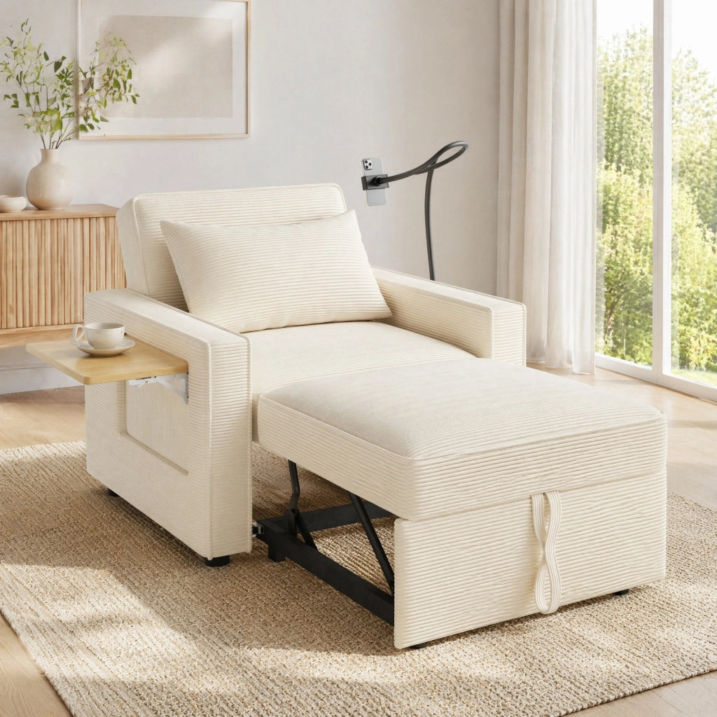 Divano Letto 1 Posto con Schienale Regolabile, Porta USB e Type-C, Supporto Smartphone 360°, con Tavolino e Tasche Laterali, in Velluto a Coste, Beige