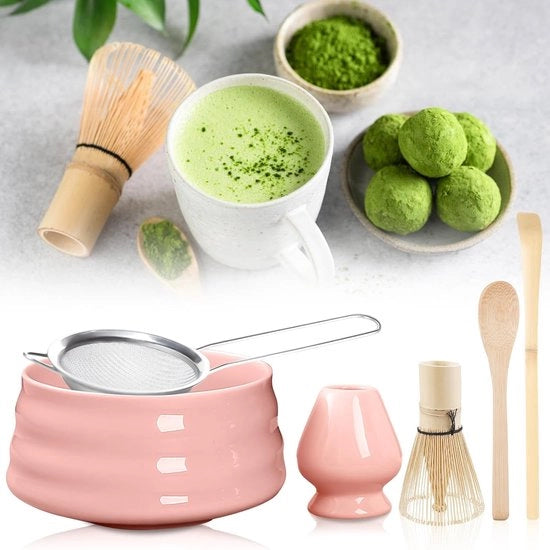 Set di Spazzole Matcha - 6 pezzi - Spazzola Matcha - Arrivo - Cucchiaio - Setaccio - Supporto Spazzola - Ceramico - Set di Tè Giapponese per Amanti del Tè - Rosa