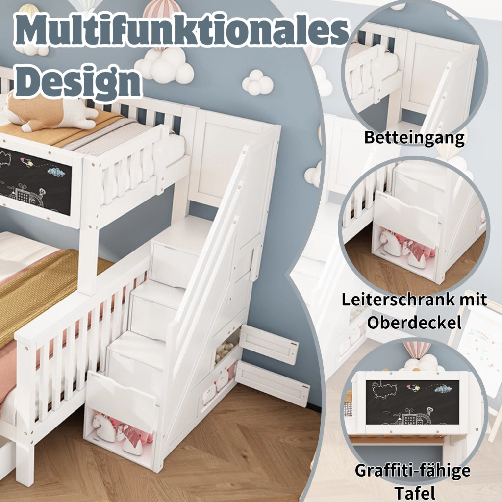 Letto a castello per bambini con lavagna e contenitori; bianco; in legno massello