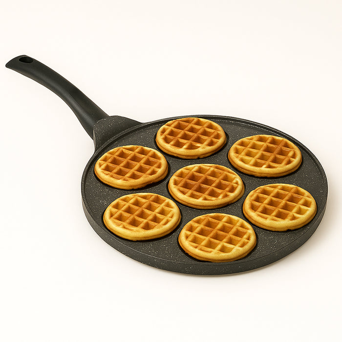 Padella 7 Mini Waffle da 8cm Antiaderente Colazione Brunch Dessert Piastra 26cm