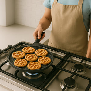 Padella 7 Mini Waffle da 8cm Antiaderente Colazione Brunch Dessert Piastra 26cm