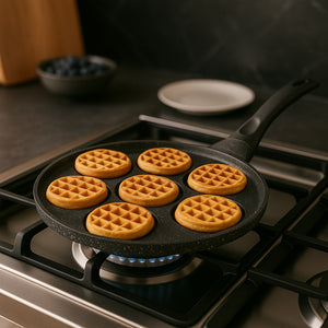 Padella 7 Mini Waffle da 8cm Antiaderente Colazione Brunch Dessert Piastra 26cm