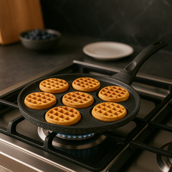 Padella 7 Mini Waffle da 8cm Antiaderente Colazione Brunch Dessert Piastra 26cm