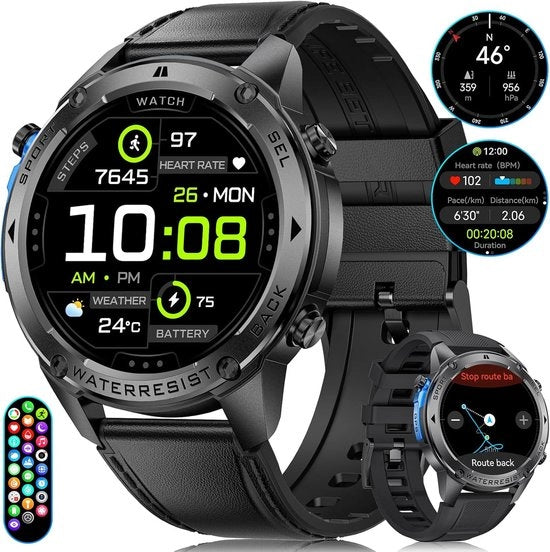 Smartwatch militare 48 mm con GPS, resistente all'acqua fino a 5 ATM, durata batteria 45 giorni e schermo AMOLED