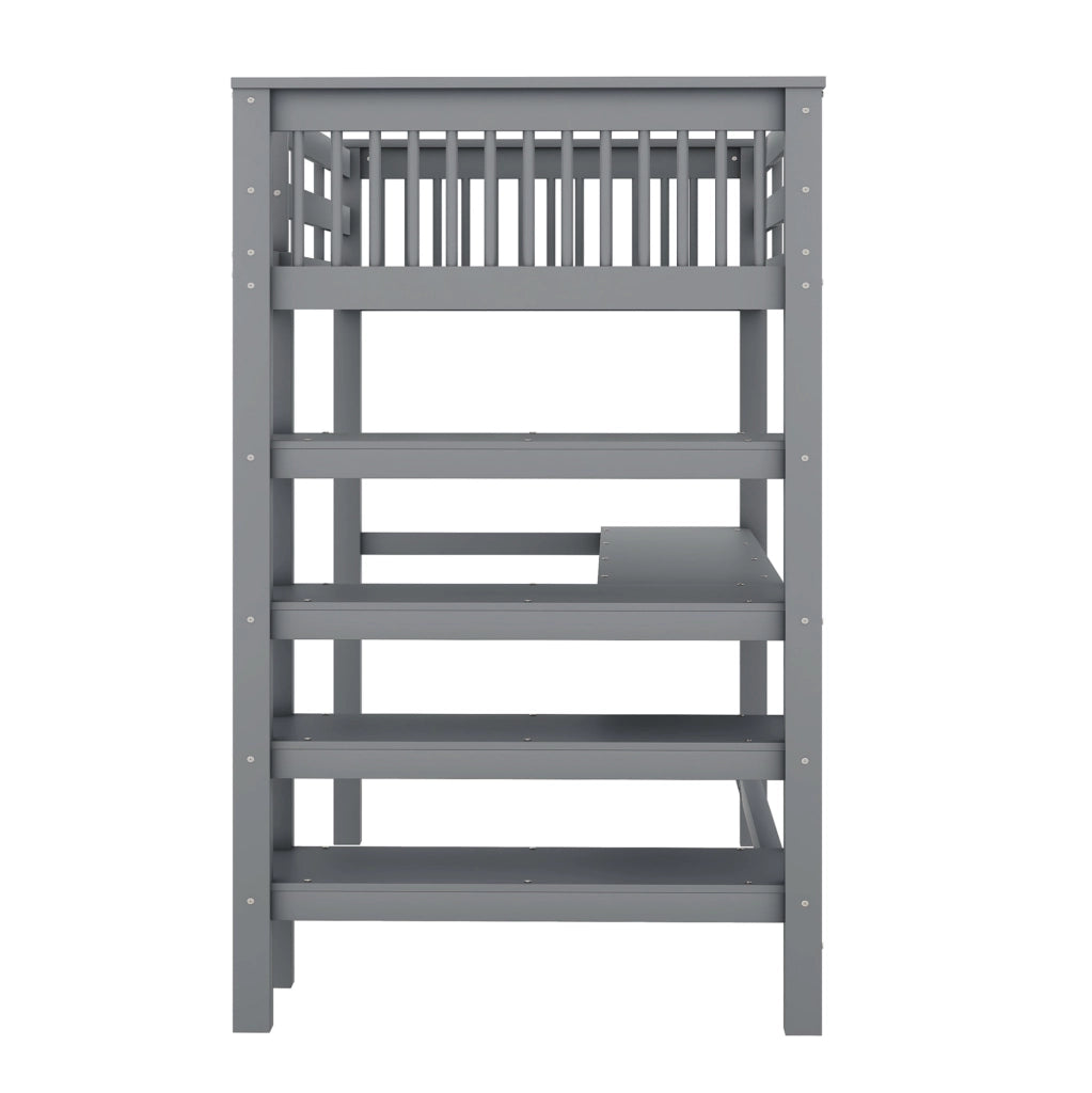 Letto a soppalco ULEVR 90x200 cm con scrivania e ripiani, scala integrata e barriera di sicurezza, grigio