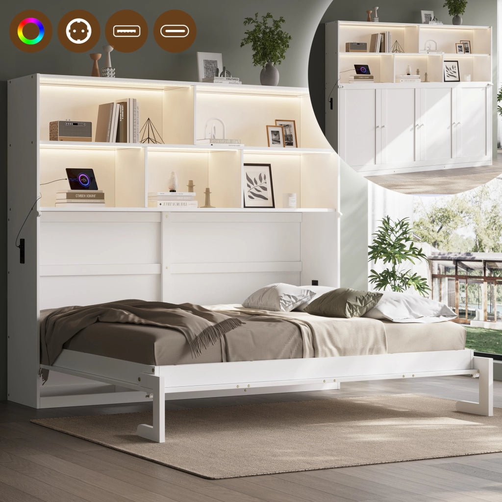 Letto a scomparsa singolo 90 × 200 cm con LED, USB, Type-C e contenitore, senza materasso, bianco