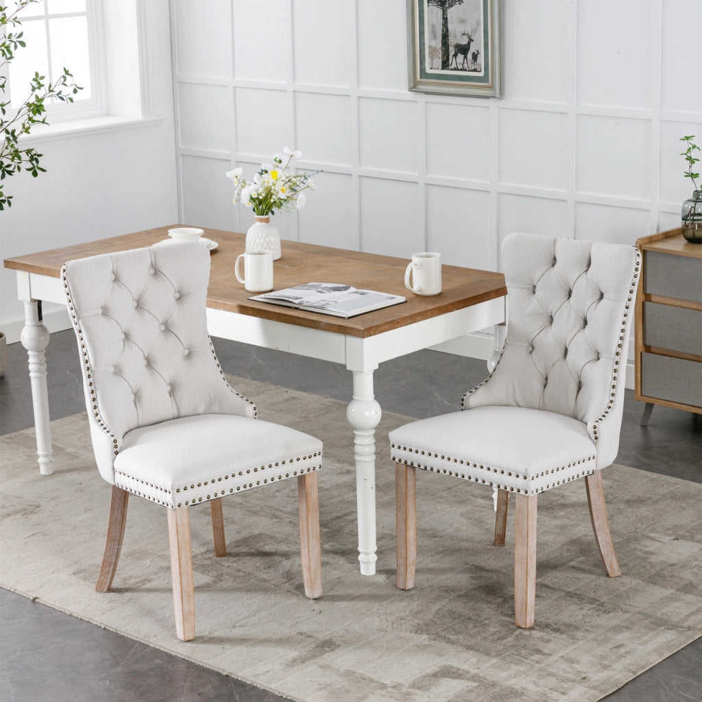 Sedie da Pranzo Imbottite in Lino con Gambe in Legno Massello ¨C MINIMAL ¨C Set 2 Pezzi, Beige